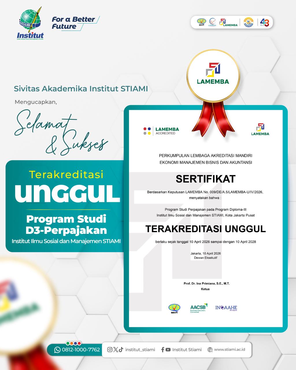 Terakreditasi Unggul Program Studi D3 Perpajakan Institut STIAMI